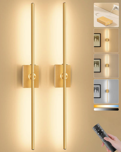 Ouyulong Battery Operated Wall Sconces Set of 2, 10000mAh Wireless Rechargeable 3000-6000K Dimmable 350° Rotate Wall Light with Remote for Living Room, Bedroom 31.6in Black