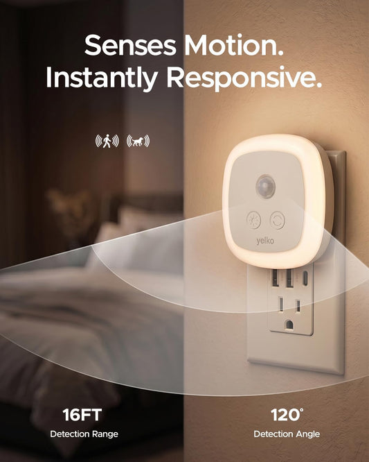YELKO Motion Sensor Night Light, 5-Level Dimmable with Dusk to Dawn Sensor, Plug in Warm White Anti-Glare LED, Cozy Soft Glow, Adjustable Delay Time for Bathroom, Hallway, Kitchen, Stairs, 2 Pack