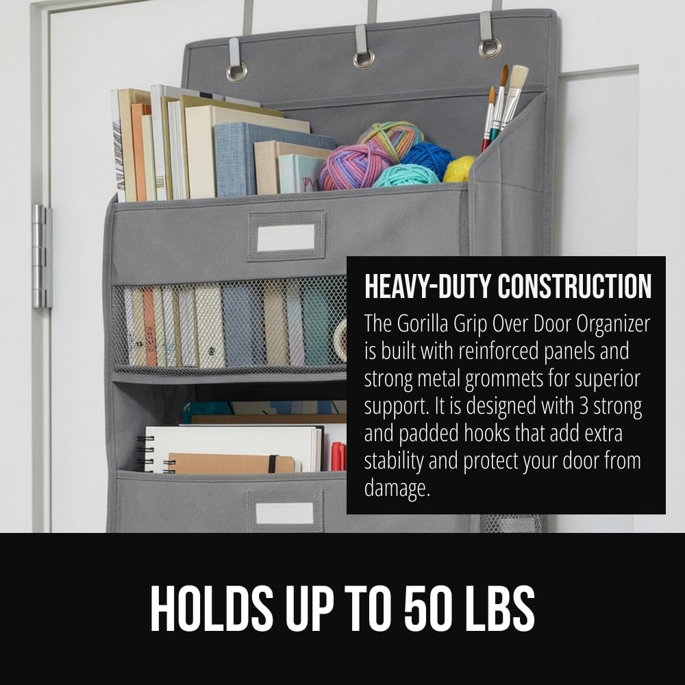 GORILLA GRIP Over the Door Shoe Organizer, 24 Large Breathable Mesh Pockets, Space Saving Hanging Storage Holder, Closet Rack Hanger Holds Up to 40 lbs, Hangs on Closets for Shoes, Accessories, Grey