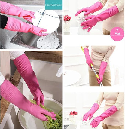 3 Pairs Dishwashing Gloves, 15" Cuff Reusable Cleaning Gloves for Kitchen, Bathroom & Household Chores - Thick Flexible Latex-Free Rubber, Non-Slip Grip (Red/Yellow/Green, Large)