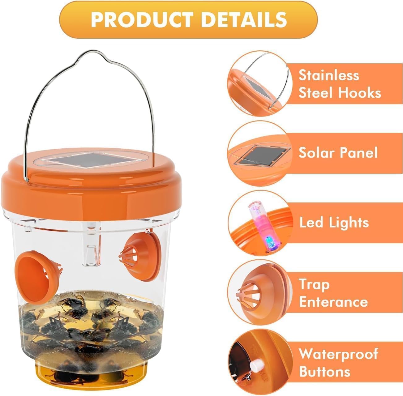 Wasp Trap Outdoor Hanging, Solar Powered Bee Trap Hornets Yellow Jacket Traps Reusable, Bee Wasp Catcher for Garden Patio Yard Orchard, 4 Packs