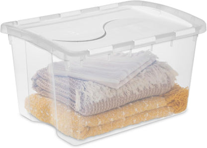 Sterilite 6 Pack Storage Box, 41 Quart Stackable Tote, Clear Plastic Container with Secure Snapping White Lids for Home and Office Organization