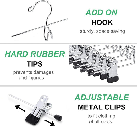 Amber Home 12 Pack Heavy Duty Add on Metal Pants Skirt Hangers, Stackable Add-on Metal Clothes Hangers with 2-Adjustable Clips, Cascading Clip Hangers Space Saving for Jeans, Slacks