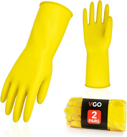 Vgo... 3-Pairs Reusable Household Gloves, Rubber Dishwashing gloves, Extra Thickness, Long Sleeves, Kitchen Cleaning, Working, Painting, Gardening, Pet Care (Size L, Yellow, HH4601)