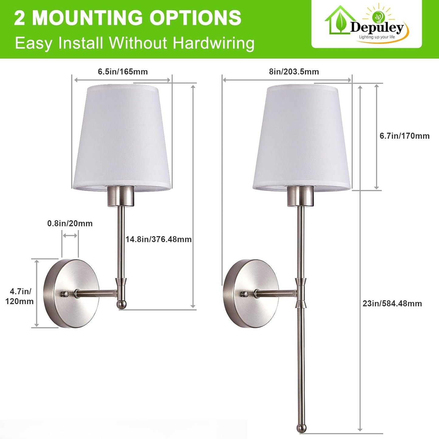 Depuley Battery Operated Wall Sconce: Set of 2 Wireless Wall Lights with 10000mAh Dimmable Bulbs and Remote for Bedroom - Rechargeable 15 Colors Gold Wall Lamp for Living Room Hallway