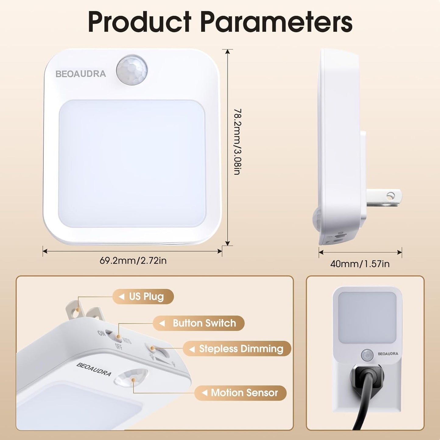 Motion Sensor Night Light Plug in, 5-Level Dimmable Warm White LED Night Light, Auto Motion Activated Ultra Slim Nightlights for Bedroom Bathroom Hallway Stairs, Energy Saving 0.5W, 2 Pack