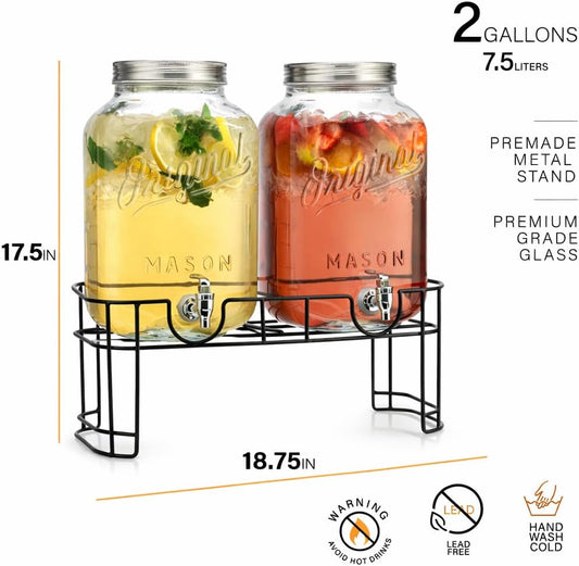 2 GALLON - 2 PACK Glass Drink Dispensers for Parties, Mason Jar Beverage Dispensers with Metal Stand, Glass Water Dispenser with Spigot, Laundry Detergent Dispenser