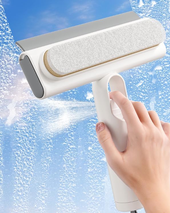 2026 Double-Sided Window Scraper Brush with Built-in Water Spray, 2 in 1 Multifunctional Squeegee for Car, Patio, Door & Porch Screen Cleaning White 1 Pc