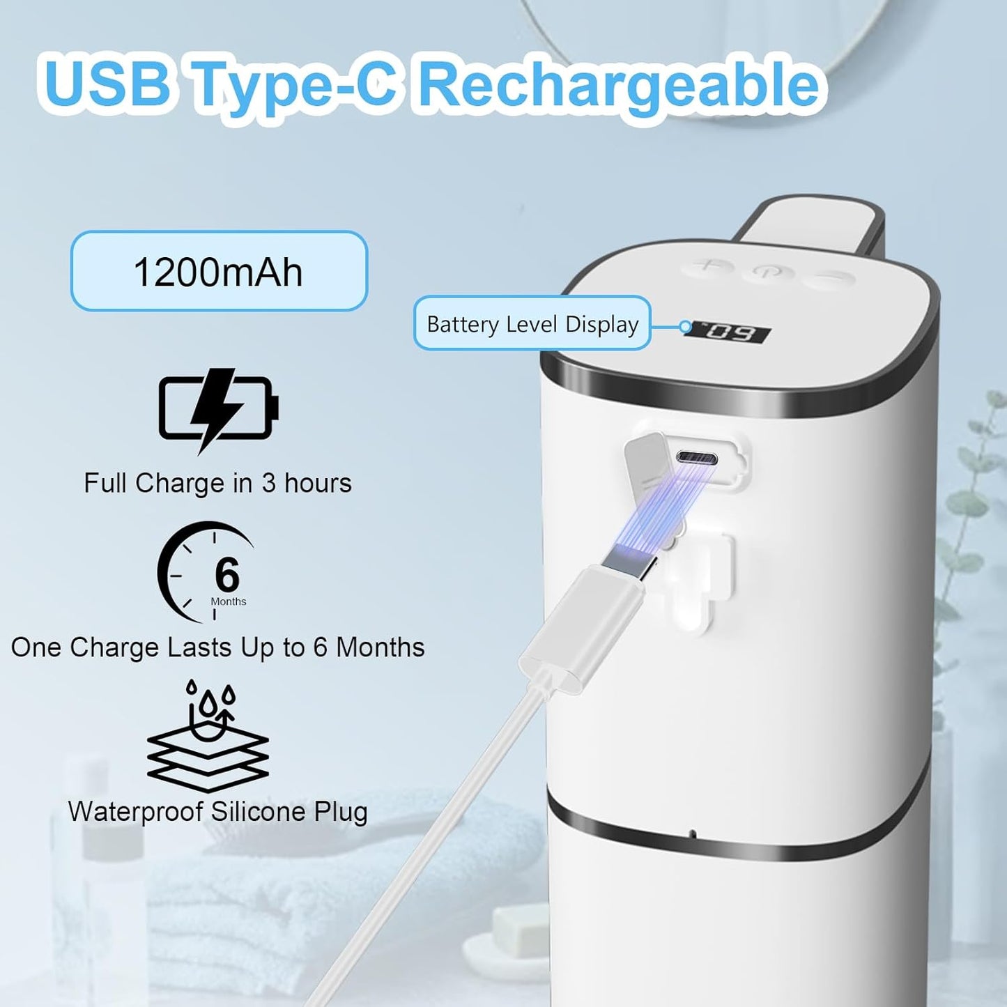 OHIFAST Automatic Foaming Soap Dispenser Touchless, USB Rechargeable Smart Hand Soap Dispenser, 9-Level Adjustable, Physical Button Operation, 13.5oz/400mL Wall Mounted for Bathroom Kitchen Dish Soap
