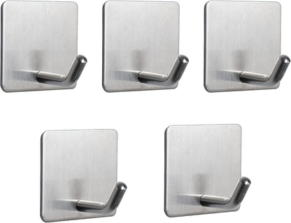 NearMoon Adhesive Hooks- Heavy Duty Bath Wall Hooks Waterproof Stainless Steel Towel Hangers Stick on Wall Clothes Holders for Bathroom Kitchen Home, 5 Pack (Brushed Nickel)