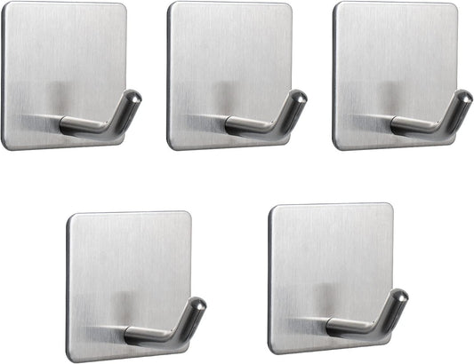 NearMoon Adhesive Hooks- Heavy Duty Bath Wall Hooks Waterproof Stainless Steel Towel Hangers Stick on Wall Clothes Holders for Bathroom Kitchen Home, 5 Pack (Brushed Nickel)
