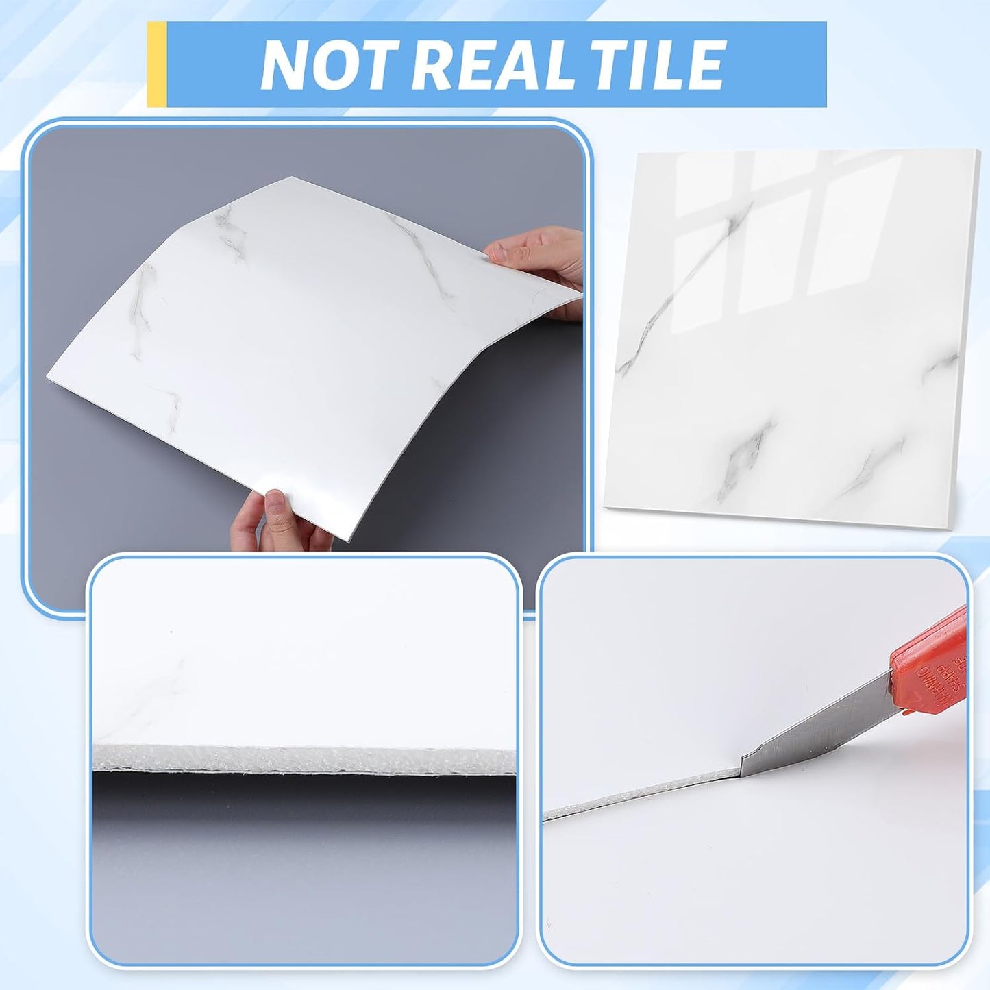 Nuanchu 36 Pcs Peel and Stick Shower Waterproof Tiles Wall Panels 12 x 12 Inch Self Adhesive Backsplash with Ruler Knife & 2 Scrapers for Washroom Bathroom Living Room, Not Real Tile (Grey Marble)