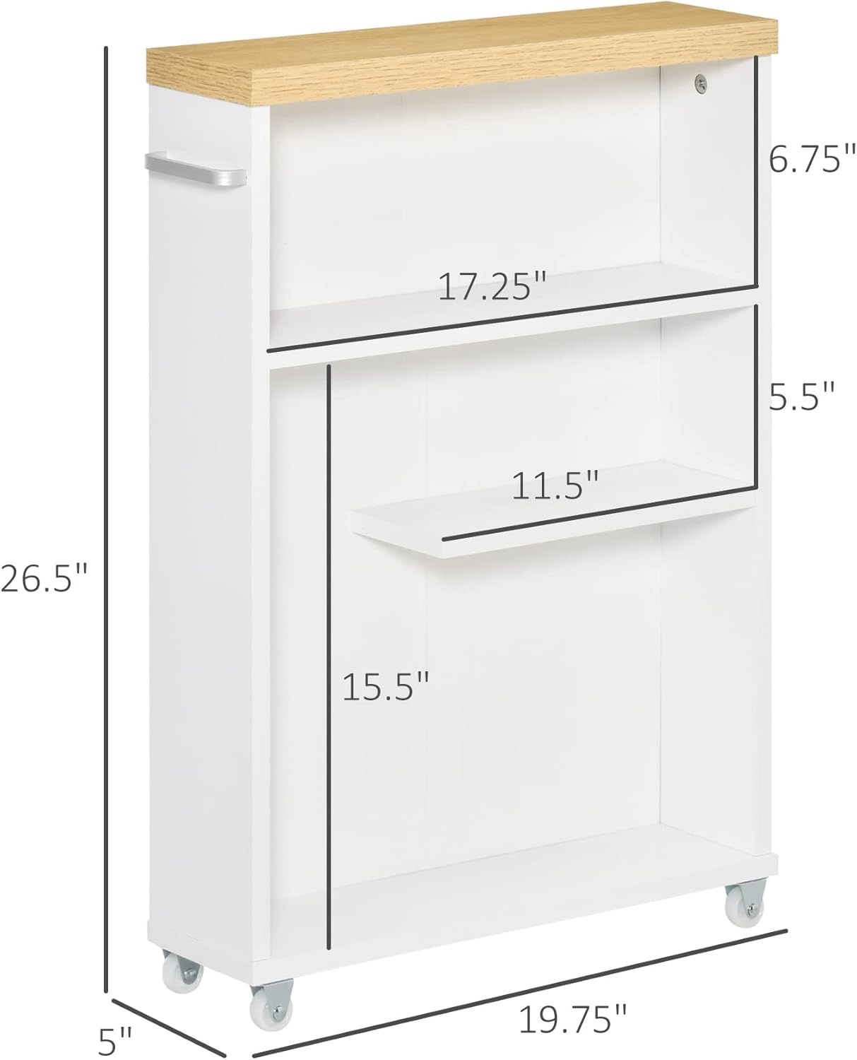 kleankin Slim Bathroom Cabinet with Castor Wheels Storage Organizer and Wood Shelves to Fit in Small Spaces, White