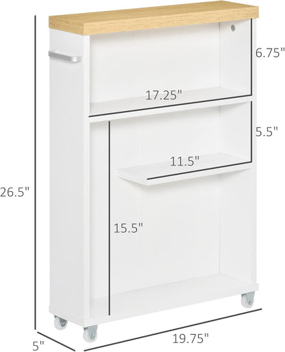 kleankin Slim Bathroom Cabinet with Castor Wheels Storage Organizer and Wood Shelves to Fit in Small Spaces, White