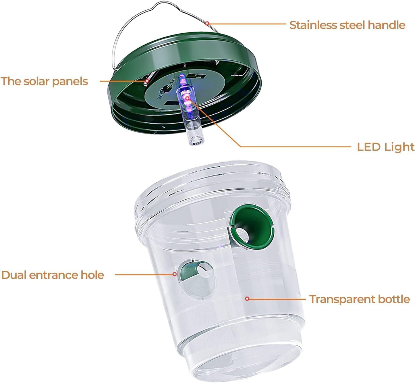 Solar Wasp Bee Trap, Outdoor Hanging LED Light Reusable Catcher for Outside | Brush Included, DIY Bait, Fits Hornet, Yellow Jacket, Wasp & Carpenter Bee, All-day Outdoor Use for Garden, Orchard & Farm
