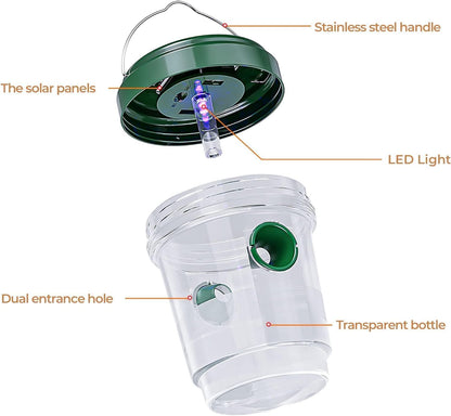 Solar Wasp Bee Trap, Outdoor Hanging LED Light Reusable Catcher for Outside | Brush Included, DIY Bait, Fits Hornet, Yellow Jacket, Wasp & Carpenter Bee, All-day Outdoor Use for Garden, Orchard & Farm