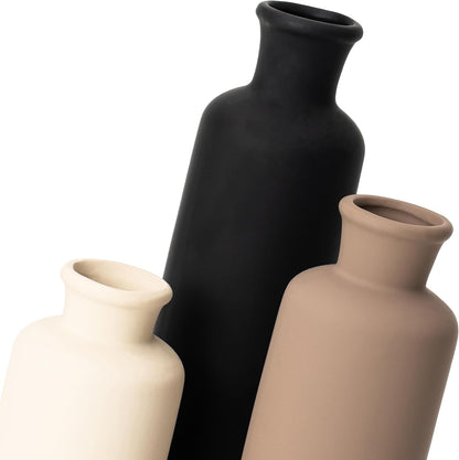 Ceramic Vase Set of 3, Modern Minimalist Neutral Home Decor, Boho Rustic Farmhouse Decorative Vases for Pampas Grass Dried Flowers | Table Centerpiece Entryway Mantel Bookshelf(Black Mix Set - Gray#1)