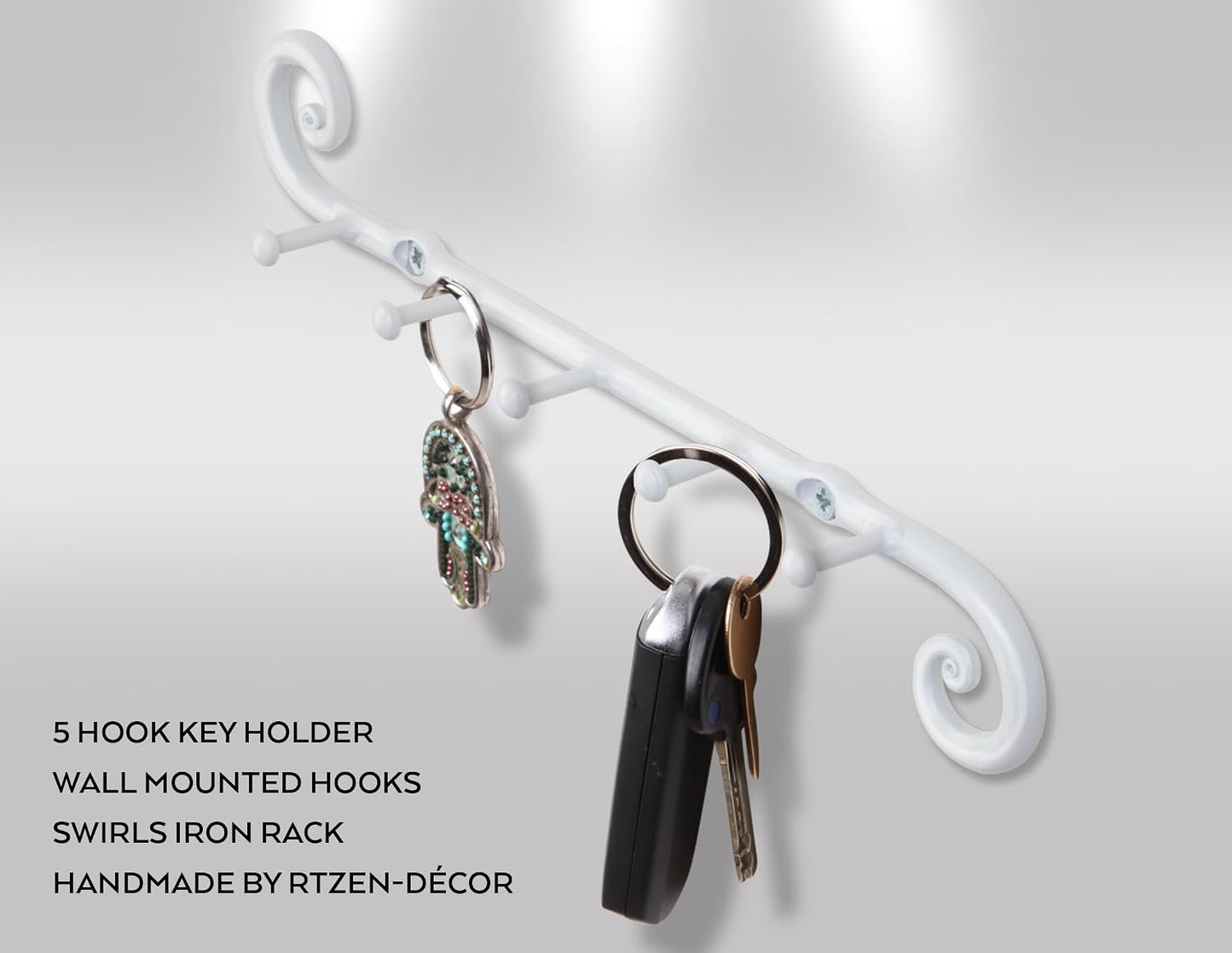 RTZEN Farmhouse Small Key Holder for Wall - Handcrafted Swirl Decorative 5 Key Hooks for Home Entryway - Wrought Iron Wall Mount Rack Purse Coat and Leash Holder or Organizer (Classic Black)