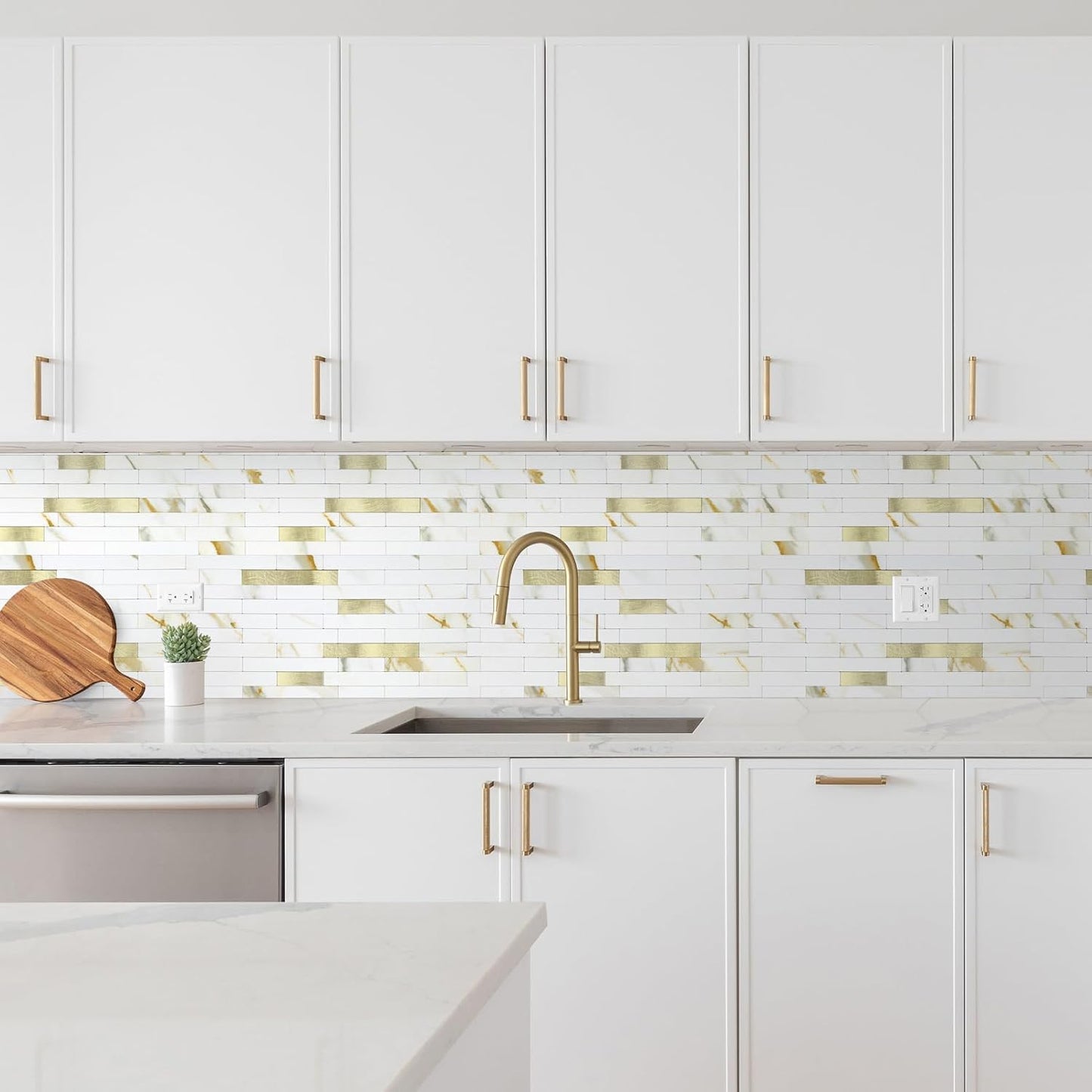 Yipscazo 2026 New Upgrade 11.34" X 11.57" Peel and Stick Backsplash, Stick on Backsplash Tiles for Kitchen, Bathroom, Fireplace (10 Sheets, Beige Rocks + Rose Gold)
