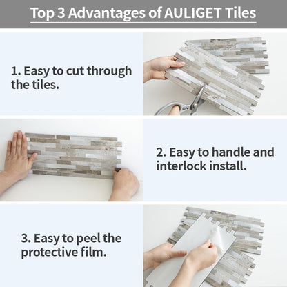 AULIGET 20 Sheets Peel and Stick Backsplash, Black & Grey Wood Look PVC Mixed Metal Stick on Backsplash Tiles for Kitchen