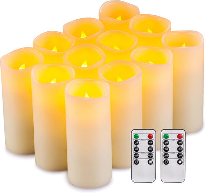 Enpornk Flameless Battery Operated Outdoor Waterproof Set of 12(D: 3" x H: 3" 4" 5" 6") Pillar LED Candles with 10-Key Remote and Cycling 24 Hours Timer
