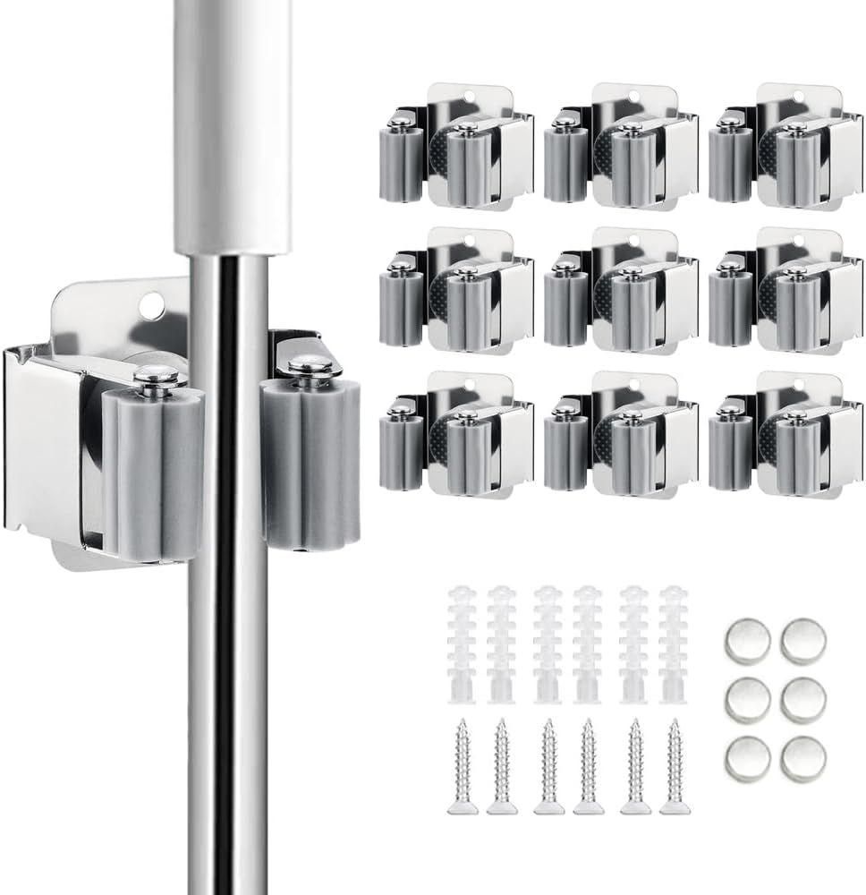 JAMEND CLXP 24PCS Broom and Mop Holder, Heavy Duty Garden Tool Organizer Rack Rake and Shovel Handle, Stainless Steel Mop Hanger. Wall Mounted with Screws.Matte Black