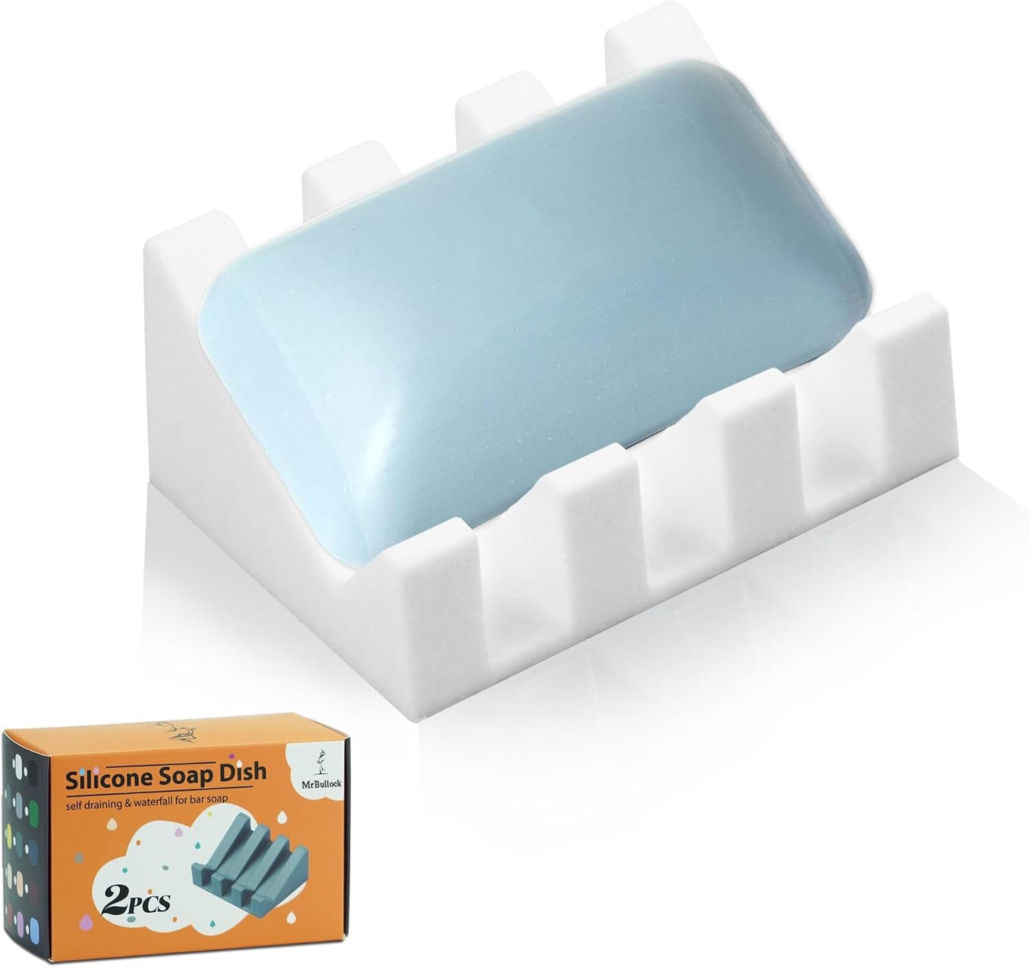 Self Draining Silicone Soap Dish Holder Waterfall Tray, 2 Pack Black | Waterfall design drains fast to keep soap dry, non-slip silicone base anti slide, soap saver for bathroom & kitchen