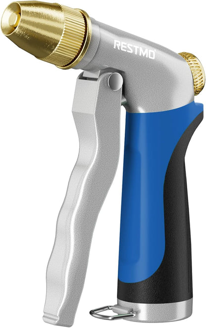 RESTMO Metal Water Hose Nozzle, Heavy Duty Garden Hose Sprayer for Outdoor | Adjustable Brass Spray Head, 4 Watering Patterns, Jet | Mist | Cone | Full, Leak-proof, Ideal for Lawn & Plant & Car, Green