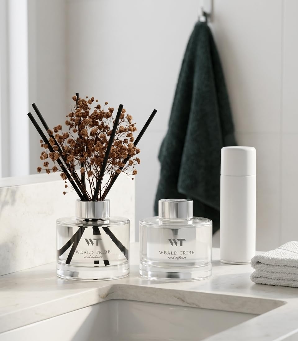 Flower Reed Diffuser Set Wild Eucalyptus Mint Scent for Bathroom Accessories Shelf Decor & Air Fresheners, Sticks Defusers with 5.1 fl oz Essential Oils & Leaves, House Bedroom Office Decor & Gifts