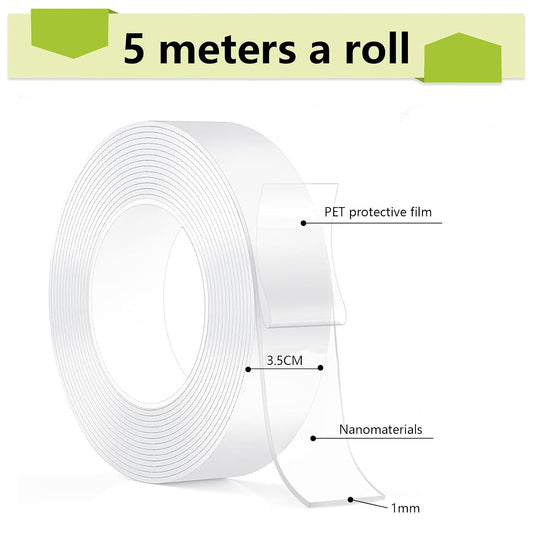 Traceless Nano Double-Sided Tape,5 Meters Nano Double Sided Tape Heavy Duty,Holds 2.2lb, Wall Car Home Mounting Strips, No Residue Clear Adhesive, Reusable RemovableWashable Double Sided Sticky