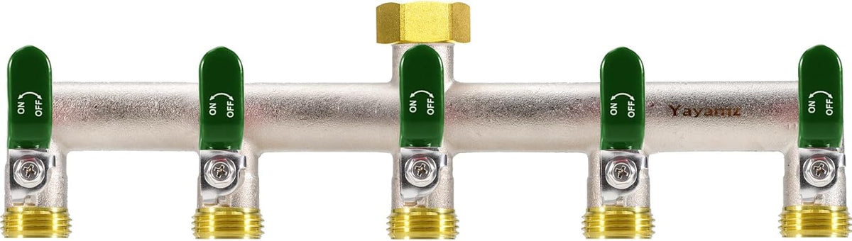 Garden Hose Splitter, 3/4” Rust and Freeze Resistant Outdoor Hose Manifold with 2 green Extra Long Handles Faucet Adapter-Heavy Duty Brass Nickel Plated 2-Way Valve