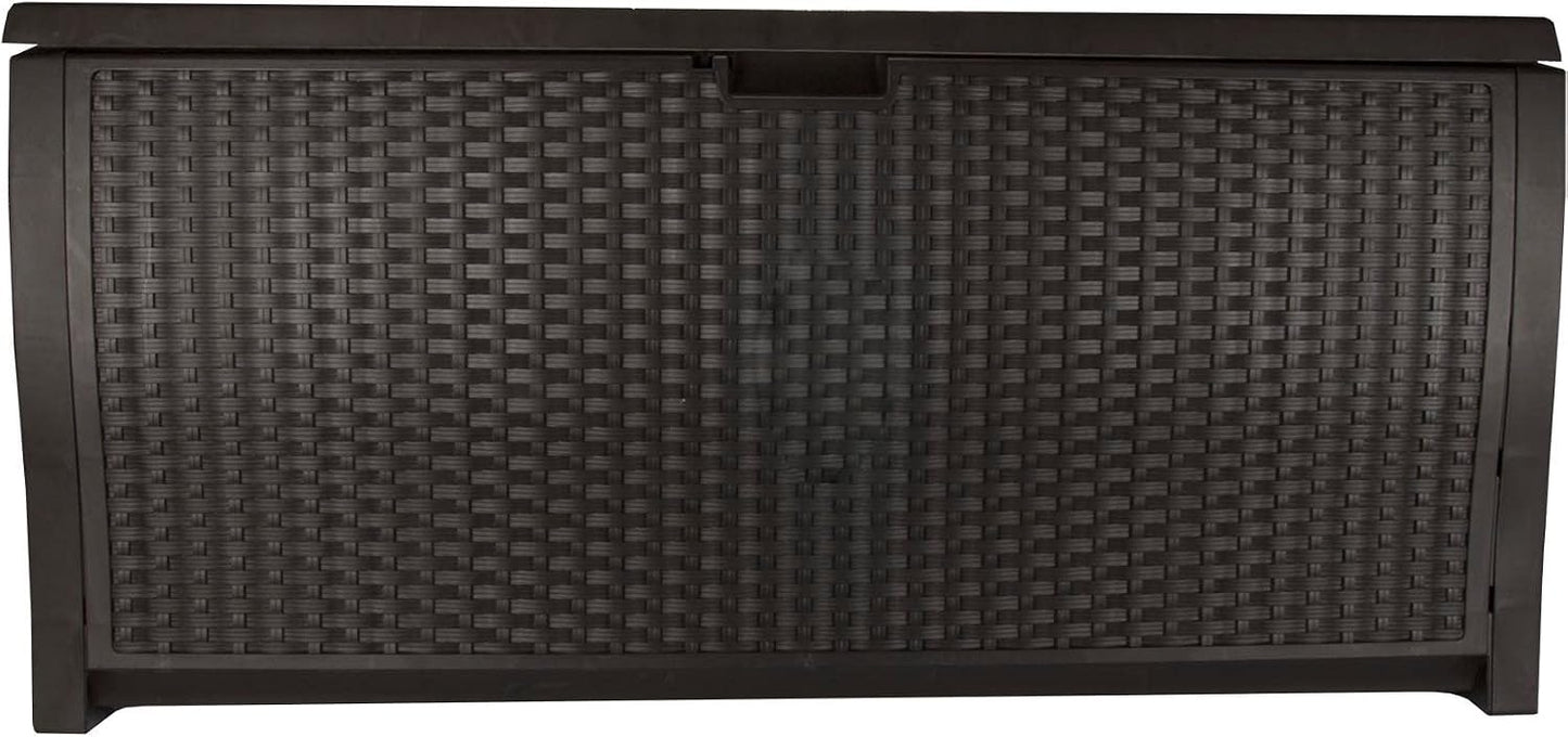 Suncast DBW9200 99 Gallon Outdoor Wicker resin Patio Storage Chest Bin with Handles for Patio, Garden, Garage, or Pool for All Weather, Mocha