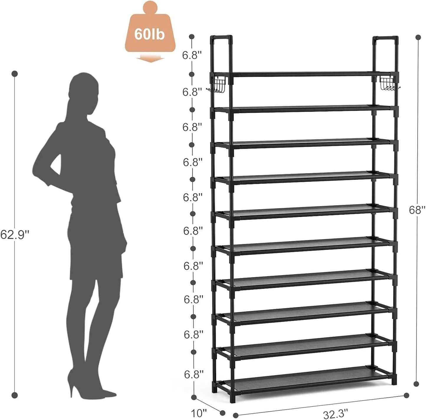VTRIN 10 Tiers Tall Shoe Rack Holds 20-25 Pairs of Shoes Sturdy Vertical Shoe Organizer with 18pcs Hooks Stackable Narrow Shoe Rack for Closet, Entryway Black