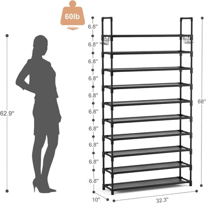 VTRIN 10 Tiers Tall Shoe Rack Holds 20-25 Pairs of Shoes Sturdy Vertical Shoe Organizer with 18pcs Hooks Stackable Narrow Shoe Rack for Closet, Entryway Black