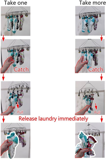Quick Release Stainless Steel Laundry Drying Rack with Clips, Swivel Hook Wind-Proof Clothes Hanger Rack for Sock, Bras, Underwear, Laundry (Rectangle 30 Clips)