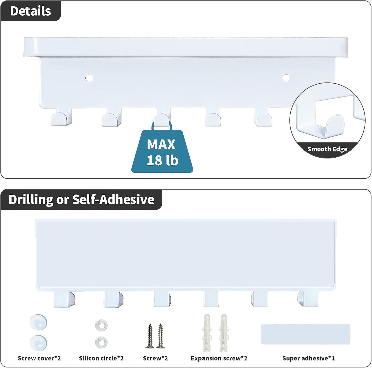 GTK Key Holder for Wall, Key Hooks with 6 Hooks, Wall Mounted Key Holder for Hallway, Self Adhesive Key Rack(White)