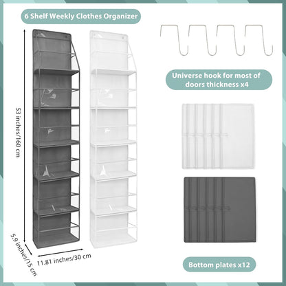 2 Pack Weekly Clothes Organizer for Kids, 6 Shelf Hanging Closet Organizer with Clear Window, Foldable Days of the Week Over the Door Outfit Organizer with Labels for Closet School
