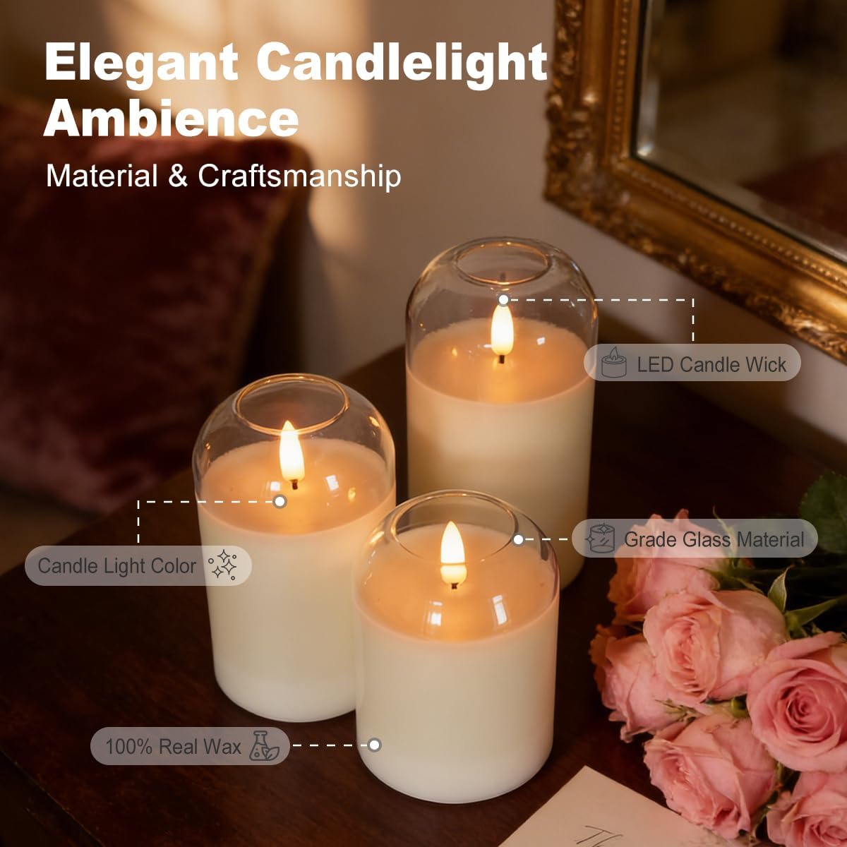 LEDHOLYT Rechargeable Flameless Glass Pillar Candles–Gifts for Women,–Set of 3, Realistic Flickering LED Light,Remote & Timer, Ideal for Living Room, Bedroom & Festival Wedding Home Party Decor
