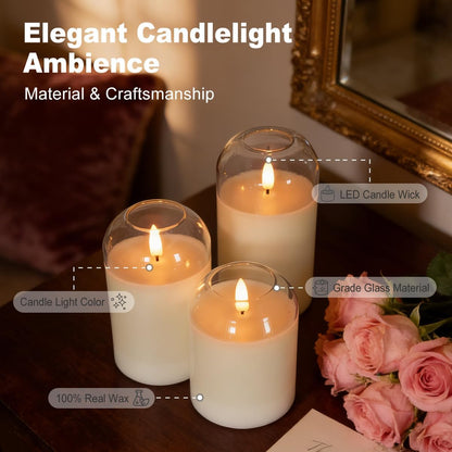 LEDHOLYT Rechargeable Flameless Glass Pillar Candles–Gifts for Women,–Set of 3, Realistic Flickering LED Light,Remote & Timer, Ideal for Living Room, Bedroom & Festival Wedding Home Party Decor