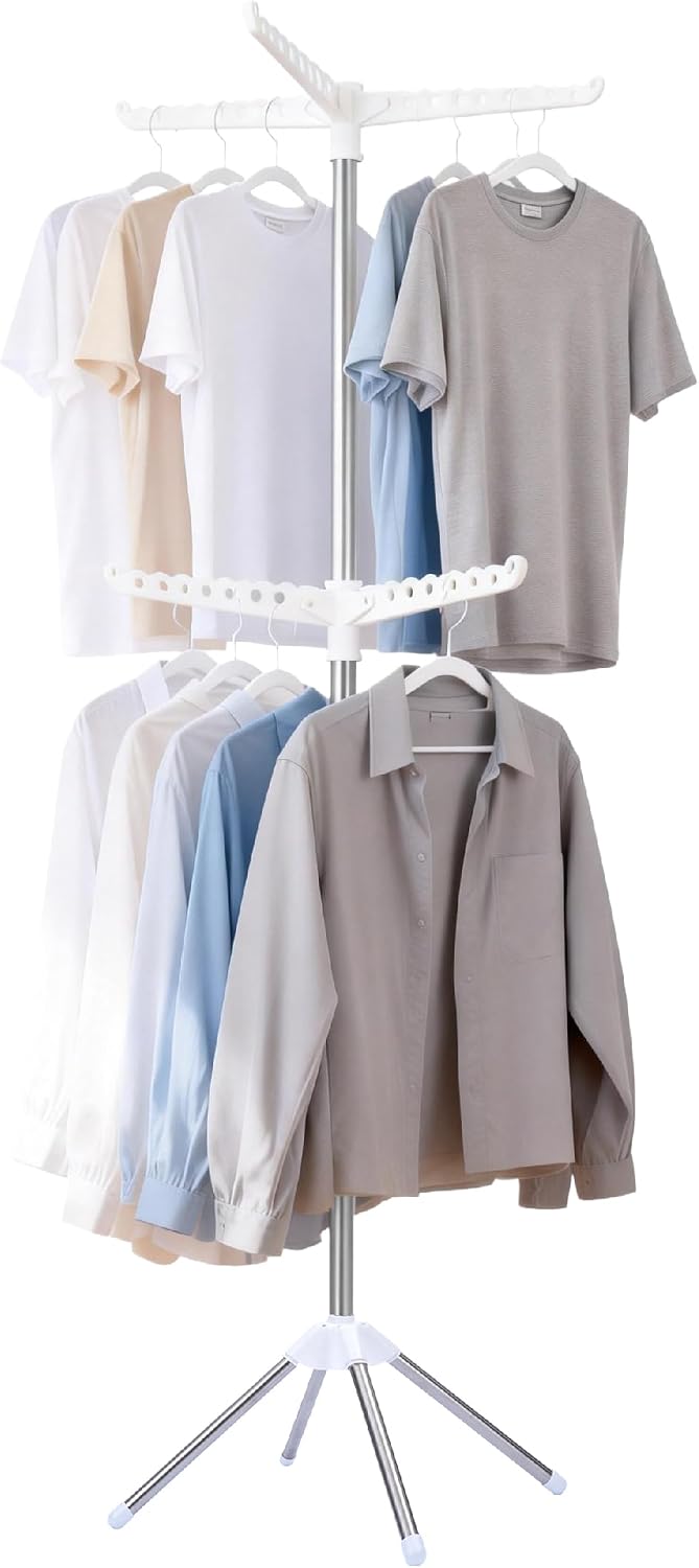 Beaudaily Clothes Drying Rack, Foldable 79.5-Inch Laundry Drying Rack,3 Tie, with Rotatable Arms, Stainless Steel, Holds 27 Clothes,8 Towels and 24 Clips for Hanging Socks, White and Silver