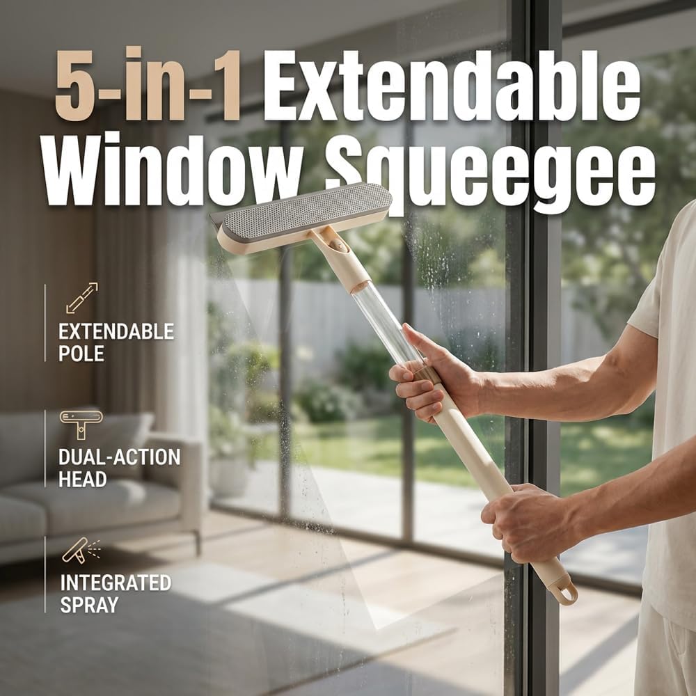 5 in 1 Double Sided Window Screen Cleaning Brush for Window Glass, Window Cleaner Tool with Squeegee Scrubber Spray, Extendable Squeegee for Window Cleaning with Long Handle (Gray, 1 pcs)