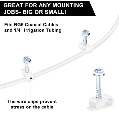Cable Clips with Screws Fastener 1/4 Inch (6 mm) - All Weather Wire Clips for Coaxial, Ethernet,Electrical Cables,Brick/Stucco Siding Clips, UV-Resistant for Outdoor Wall Mount,30 Pack,White