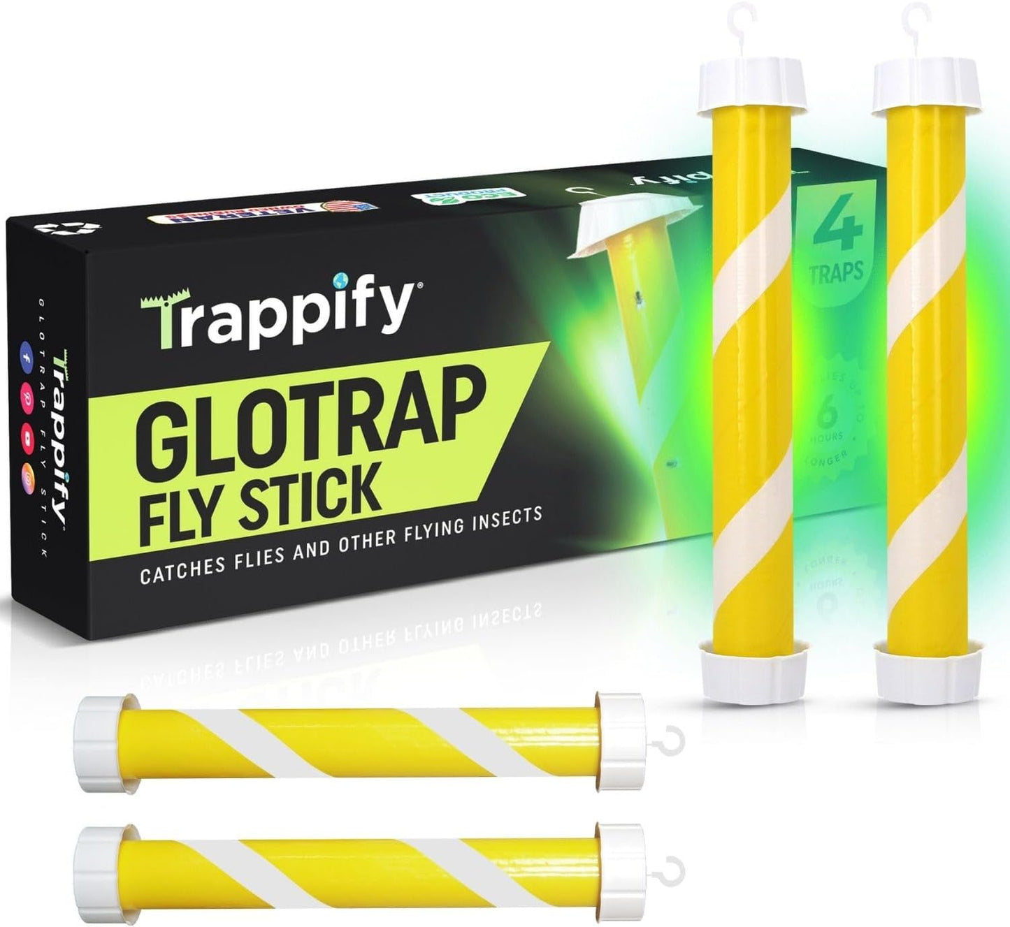 Trappify Glow-in-The-Dark Fly Trap for Indoor & Outdoor Fly Sticks (2 Pack) | Yellow Adhesive Fly Sticks, Glow-In-The-Dark, Water-Resistant Fruit Fly Traps for Indoors and Outdoor Use