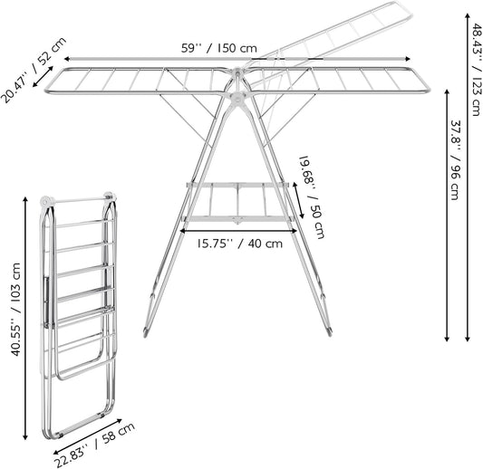 APEXCHASER Clothes Drying Rack Folding - Stainless Steel Drying Rack Clothing Height-Adjustable, Foldable Laundry Rack, Space-Saving, Collapsible for Indoor Outdoor Use for Clothe, Towels, Chrome