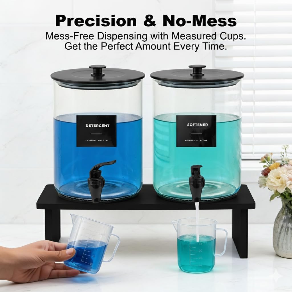 Glass Laundry Detergent Dispenser for Laundry Room Organization-Black | 1 Gallon Large Liquid Soap Dispenser with Black Metal Lid & Leak-Proof Spigot, 1 Measured Cups, 1 Silicone Mats & 9 Labels