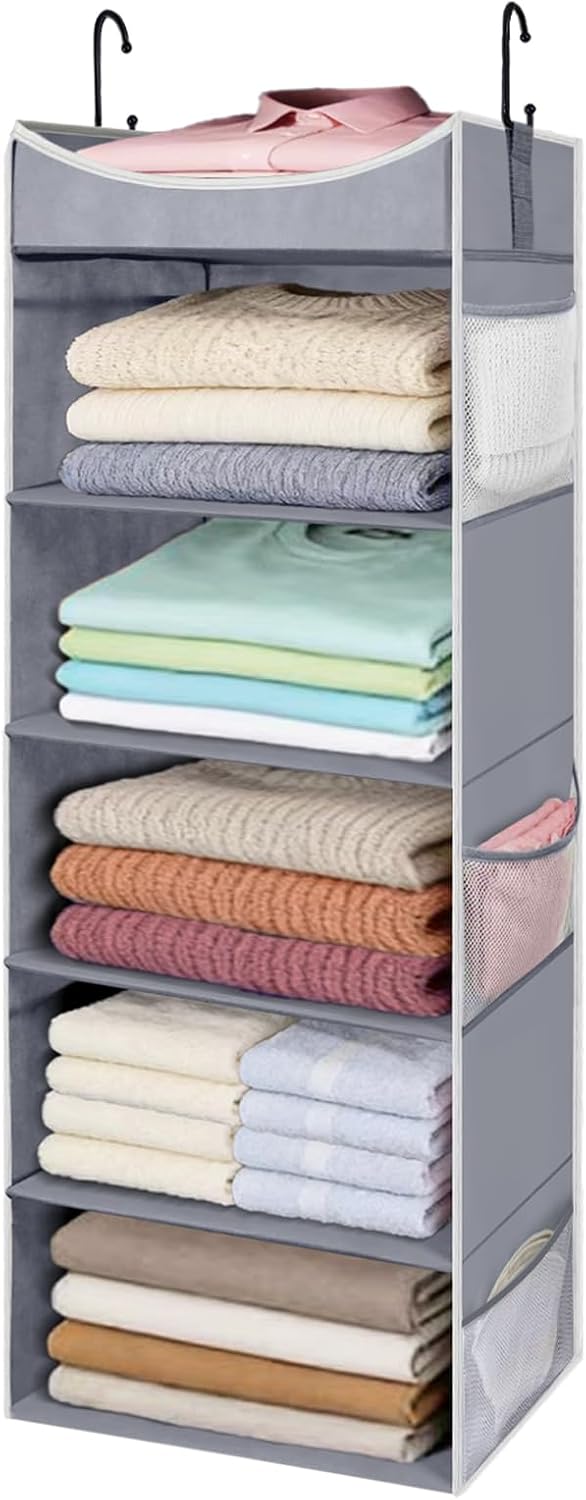 4-Shelf Hanging Closet Organizer and Storage with 4 Side Pockets, Collapsible Closet Hanging Shelves for Storage, Grey
