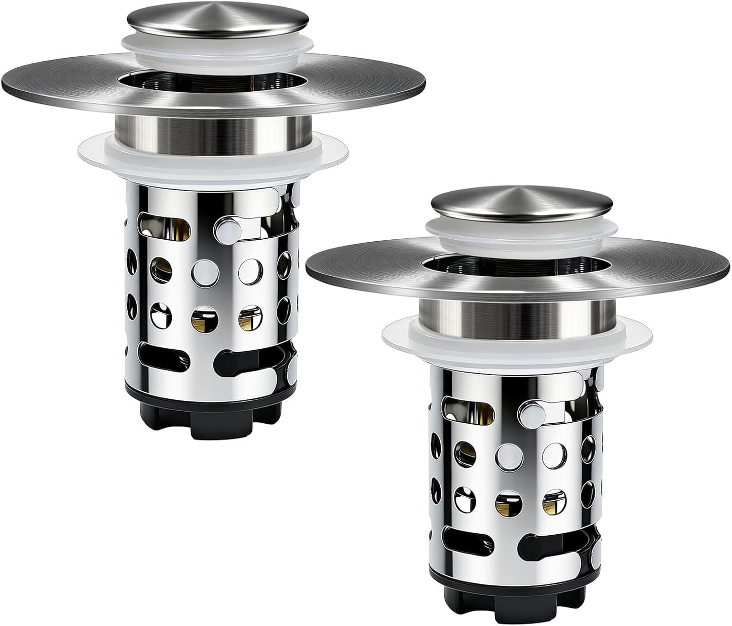 Upgraded 3 in 1 Bathroom Sink Drain Strainer, Universal Pop Up Stopper with Removable Stainless Steel Filter Basket Hair Catcher, Sink Plug for 1.1''~2.36'' Basin, Brushed Nickel Finish (2PC)