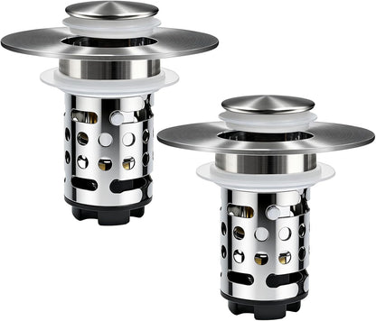 Upgraded 3 in 1 Bathroom Sink Drain Strainer, Universal Pop Up Stopper with Removable Stainless Steel Filter Basket Hair Catcher, Sink Plug for 1.1''~2.36'' Basin, Brushed Nickel Finish (2PC)
