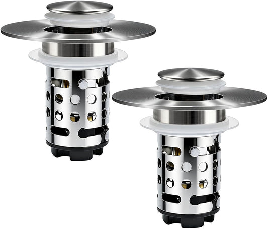 Upgraded 3 in 1 Bathroom Sink Drain Strainer, Universal Pop Up Stopper with Removable Stainless Steel Filter Basket Hair Catcher, Sink Plug for 1.1''~2.36'' Basin, Brushed Nickel Finish (2PC)