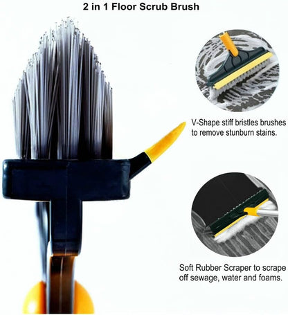 2 in 1 Cleaning Scrub Brush Grout Brush Scrape Floor Scrub Brush with Long Handle V-Shape Stiff Bristle Brush Scrubber with Squeegee 120°Rotating Shower Scruber for Cleaning Bathroom Glass Wall